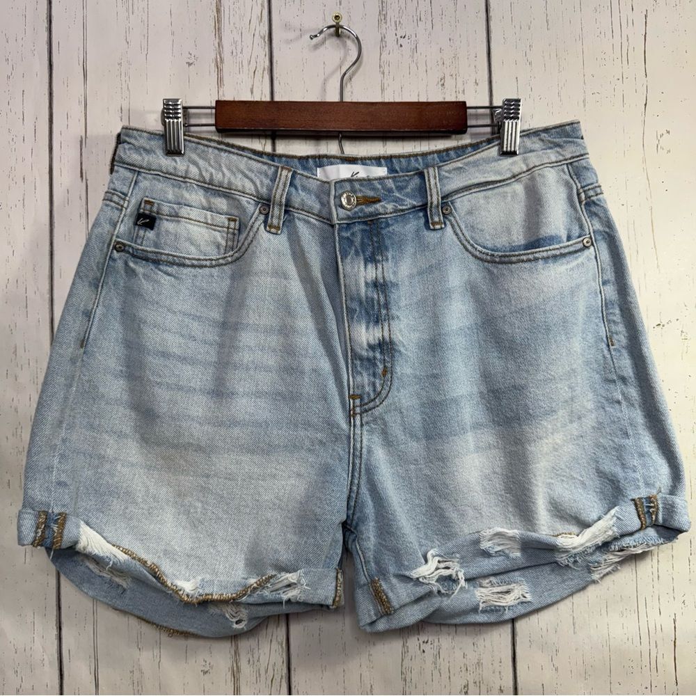 KanCan Light Wash Raw Hem Distressed Jean Shorts High Waisted Roll Hem 13/30